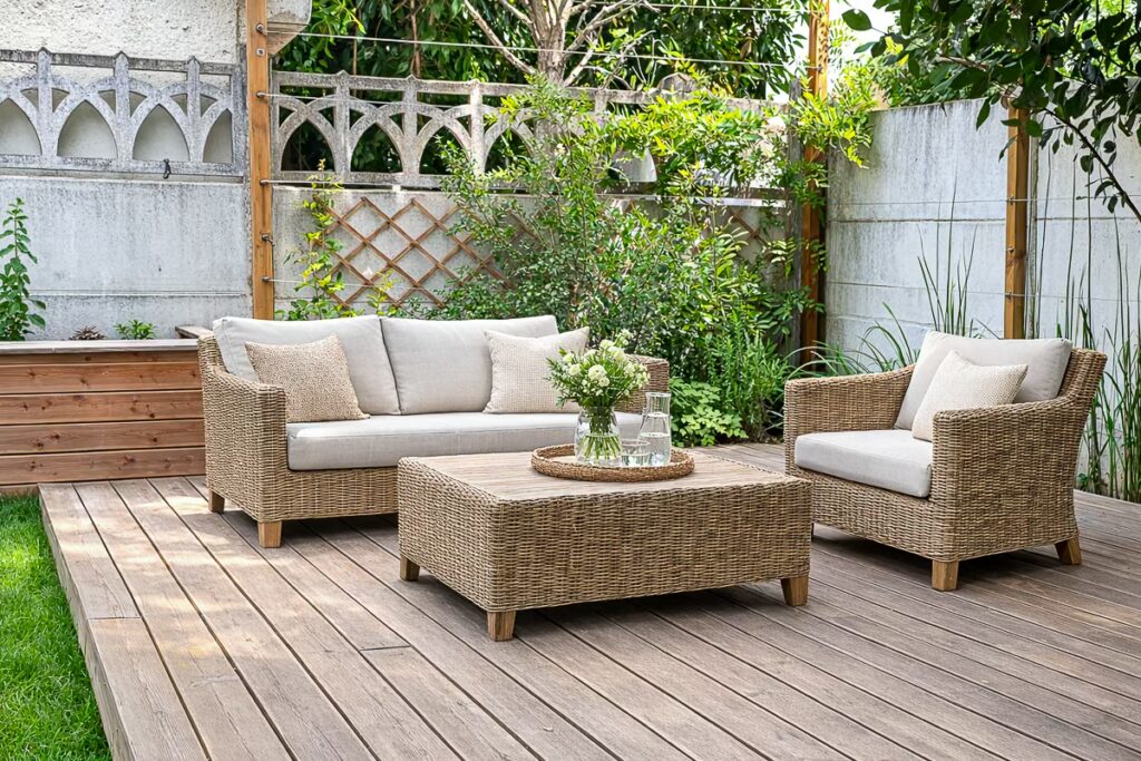 Salon de jardin tressé sur terrasse en bois au sein d’un jardin paysager Villejuif (Val-de-Marne)