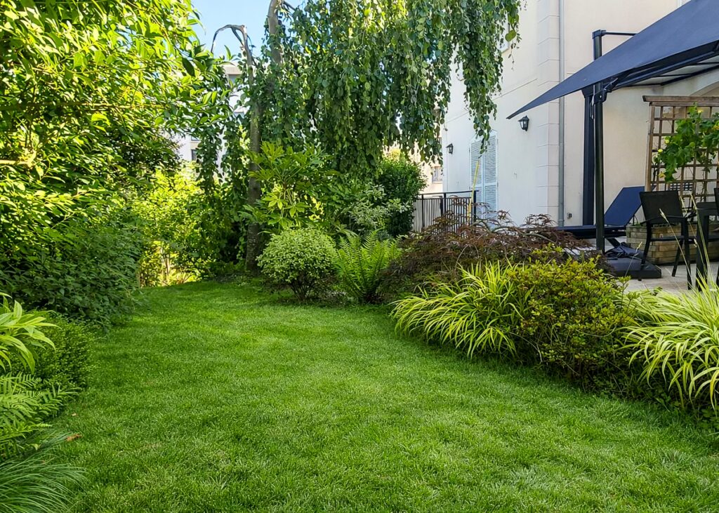 Pelouse et terrasse bordées de massifs